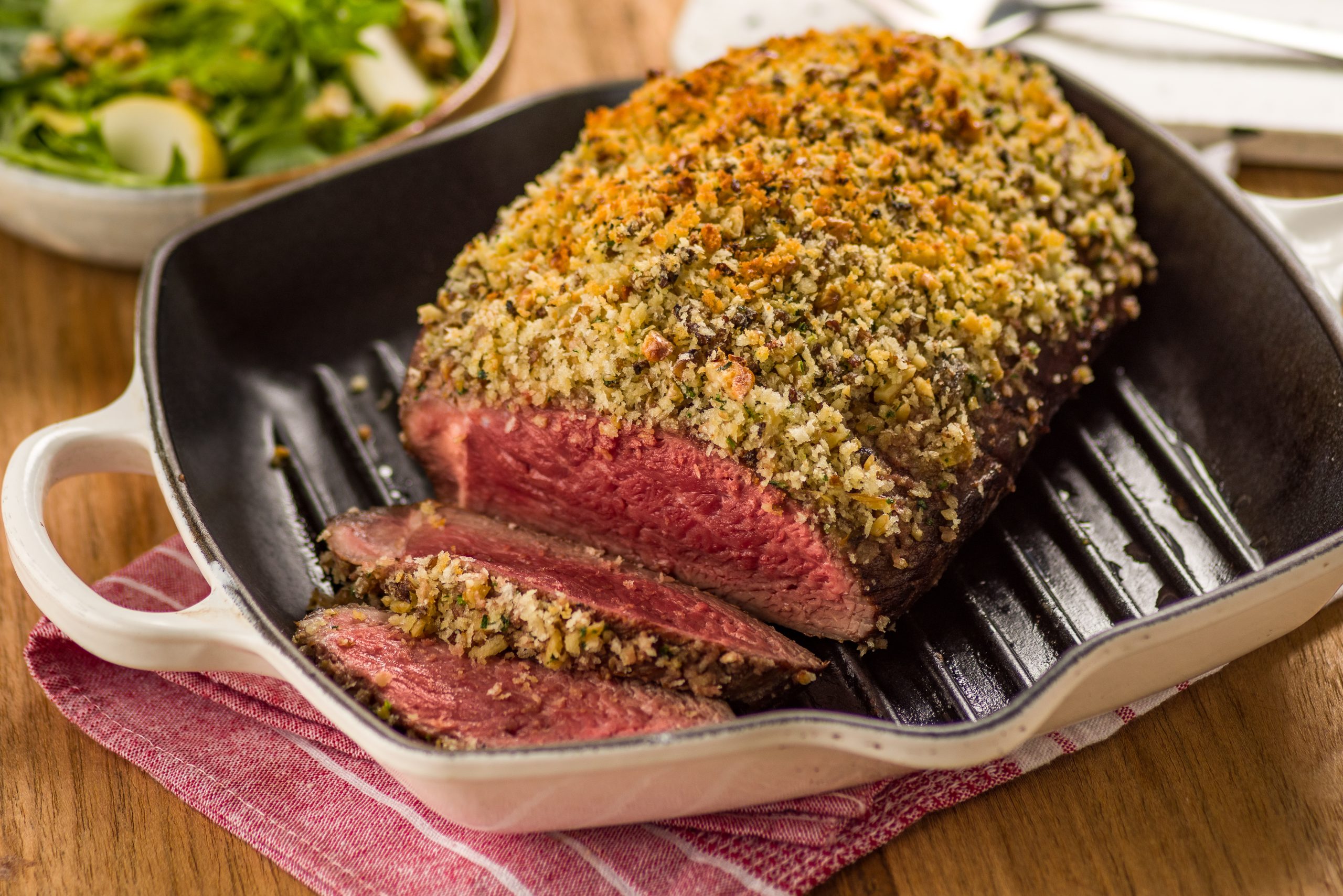 Mushroom, garlic and rosemary crusted rump tail